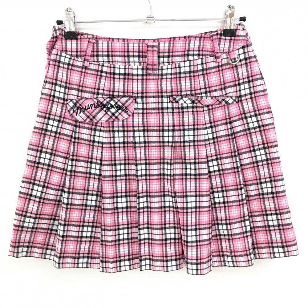 【超美品】マンシングウェア プリーツスカート ピンク×黒 チェック ストレッチ レディース 7 ゴルフウェア Munsingwear
