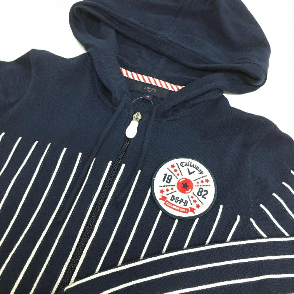 【美品】キャロウェイ ニットジップパーカー ネイビー×白 一部ストライプ コットン混 レディース M ゴルフウェア Callaway