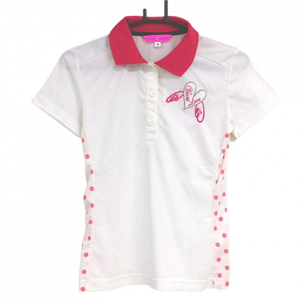 VIVA HEART - 【超美品】ビバハート 半袖ポロシャツ 白×ピンク サイドドット ハート レディース 40(M) ゴルフウェア VIVA HEART