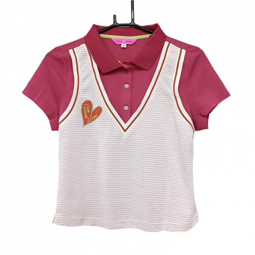 【ポイント10倍！楽天スーパーセール期間限定】【超美品】ビバハート 半袖ポロシャツ ピンク×白 重ね着風 一部ドット レディース 42(L) ゴルフウェア VIVA HEART