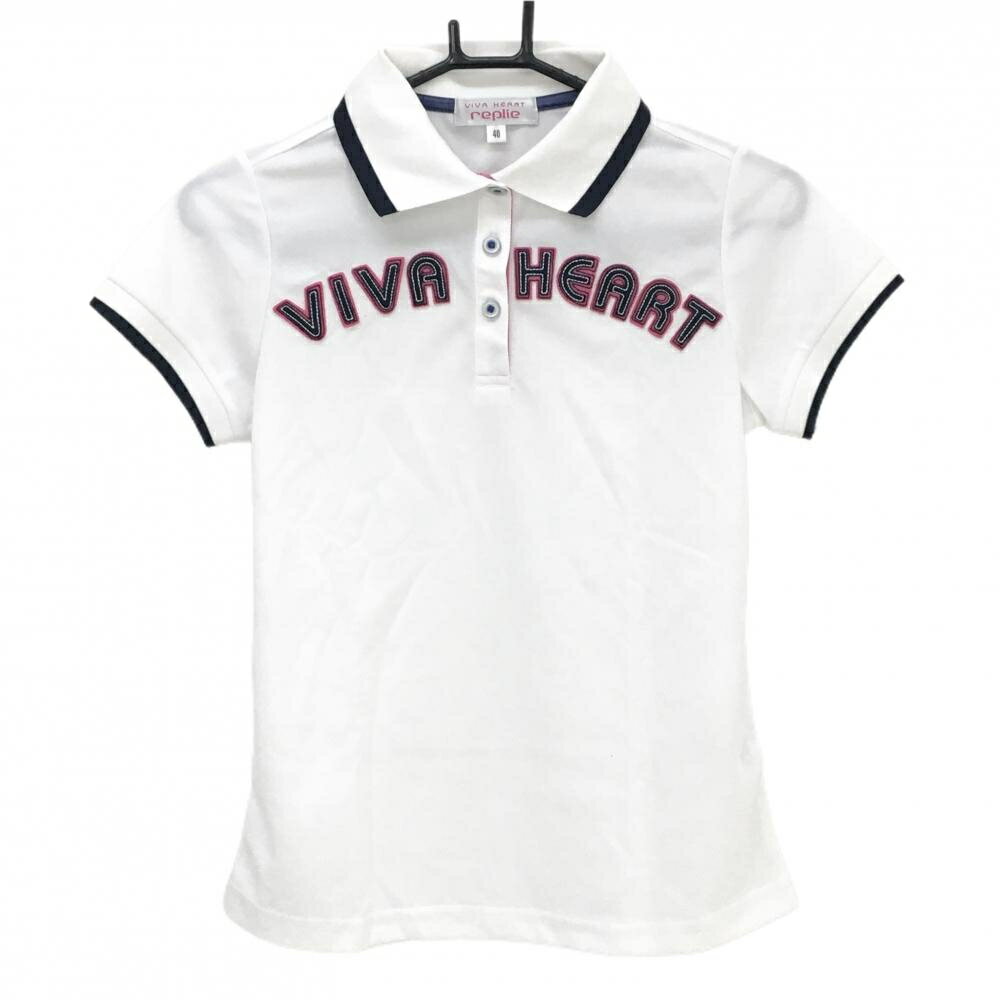 VIVA HEART - 【超美品】ビバハート レプリエ 半袖ポロシャツ 白×ネイビー フェルトロゴ レディース 40(M) ゴルフウェア VIVA HEART