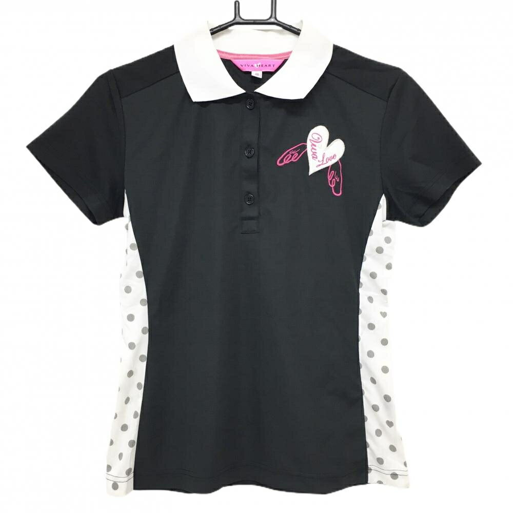 VIVA HEART - ビバハート 半袖ポロシャツ 黒×白 サイドドット ハート レディース 40(M) ゴルフウェア VIVA HEART