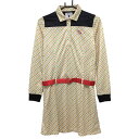 【超美品】エフィカス 長袖ポロワンピース アイボリー×ライトグリーン 花柄 ベルト付き レディース 3(L) ゴルフウェア efficace