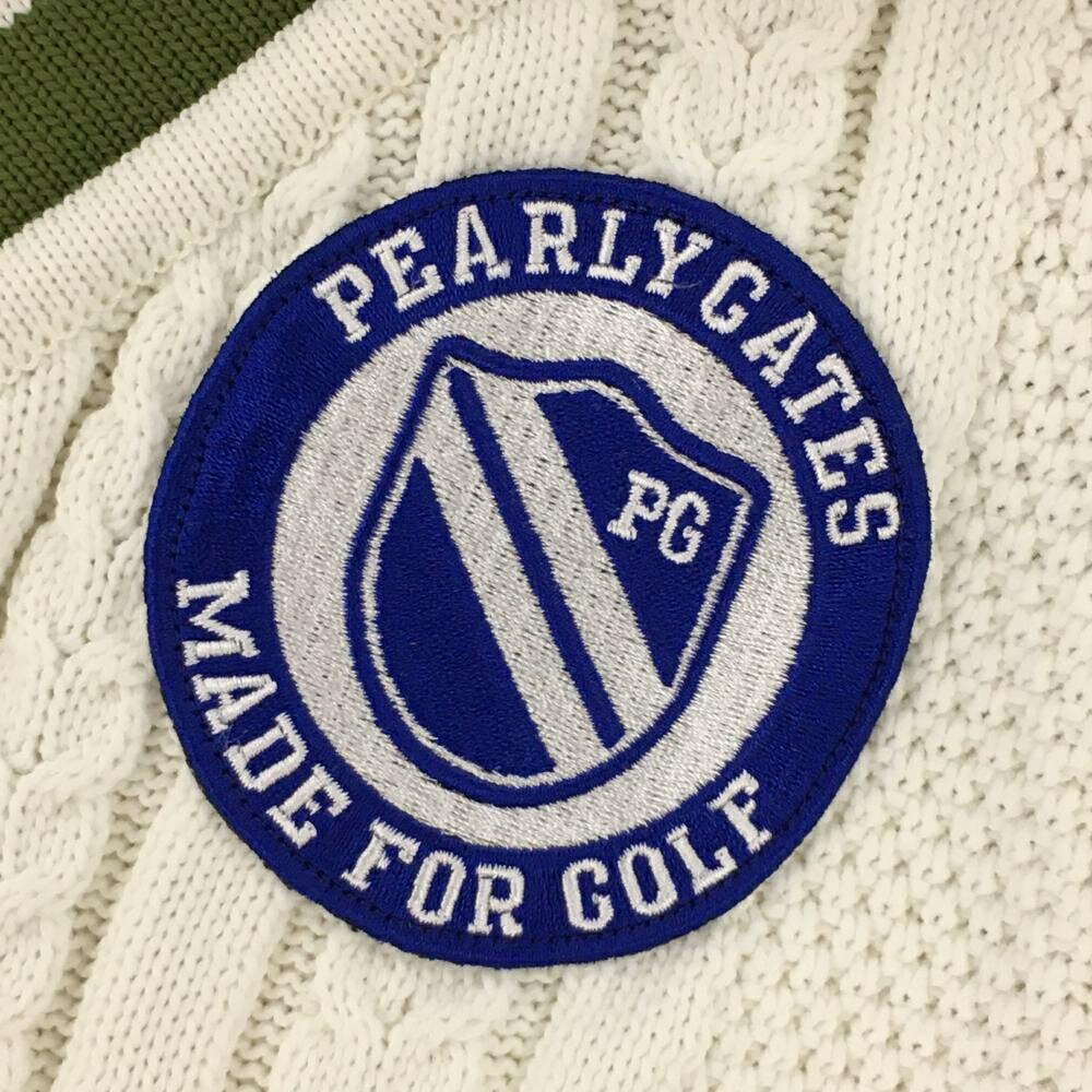 【超美品】パーリーゲイツ ニットベスト 白×ブルー×グリーン ケーブル編み Vネック レディース 1(M) ゴルフウェア PEARLY GATES