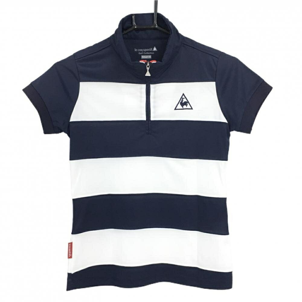 ルコックゴルフ 半袖ハイネックシャツ ネイビー×白 ボーダー ハーフジップ レディース S ゴルフウェア le coq sportif