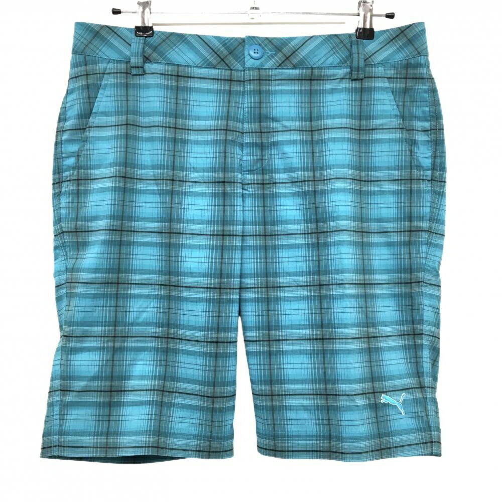 【超美品】プーマ ハーフパンツ ブルーグリーン×グレー チェック ストレッチ メンズ XL ゴルフウェア PUMA