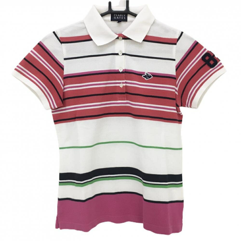 PEARLY GATES - 【美品】パーリーゲイツ 半袖ポロシャツ 白×レッド×黒 ボーダー調 レディース 1(M) ゴルフウェア PEARLY GATES