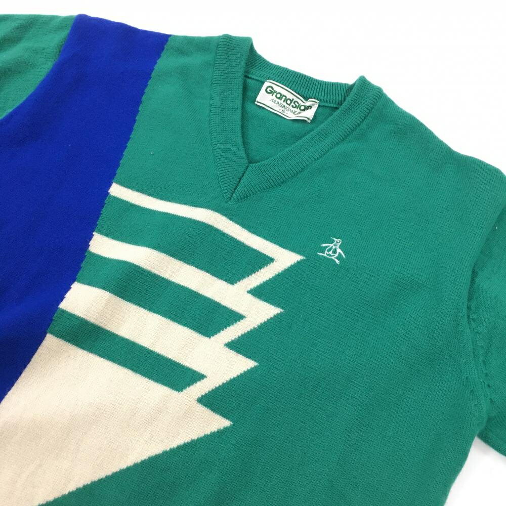 【美品】マンシングウェア セーター グリーン×ブルー×白 Vネック ロゴ刺しゅう ニット メンズ S ゴルフウェア Munsingwear