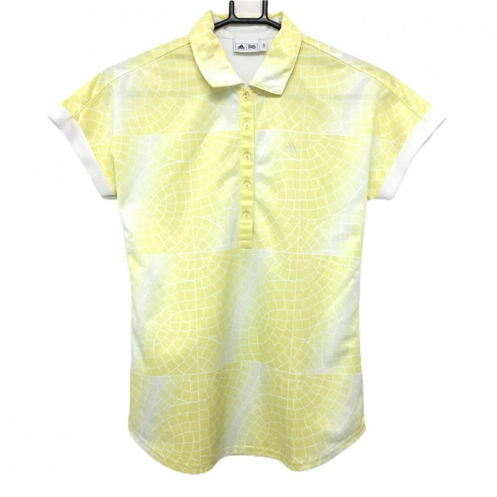 【超美品】アディダス 半袖ポロシャツ イエロー×白 総柄 レディース S/P ゴルフウェア adidas