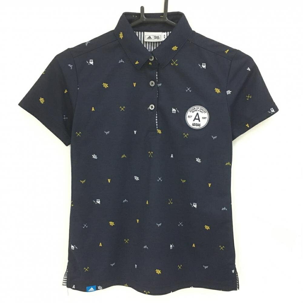 アディダス 半袖ポロシャツ ネイビー×白×イエロー リーフ柄 ゴルフクラブ柄 レディース M/M ゴルフウェア adidas