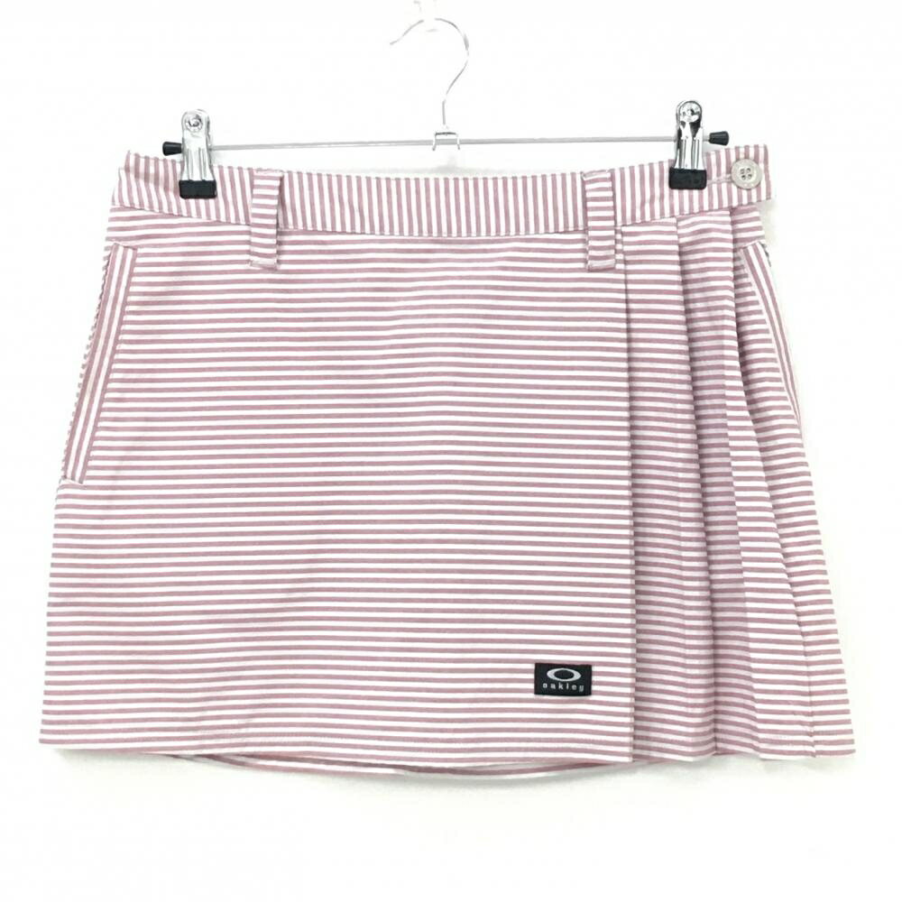 【当店ポイント5倍！9月1日限り】【美品】オークリー スカート ピンク×白 ボーダー シルバーロゴ ストレッチ レディース L ゴルフウェア Oakley