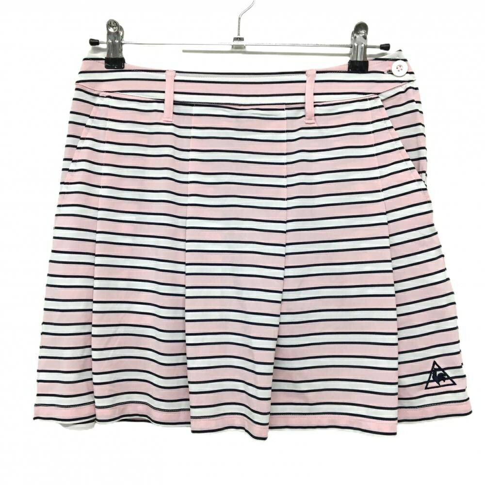 【超美品】ルコック スカート ピンク×白 ボーダー ロゴ刺しゅう ストレッチ レディース M ゴルフウェア le coq sportif