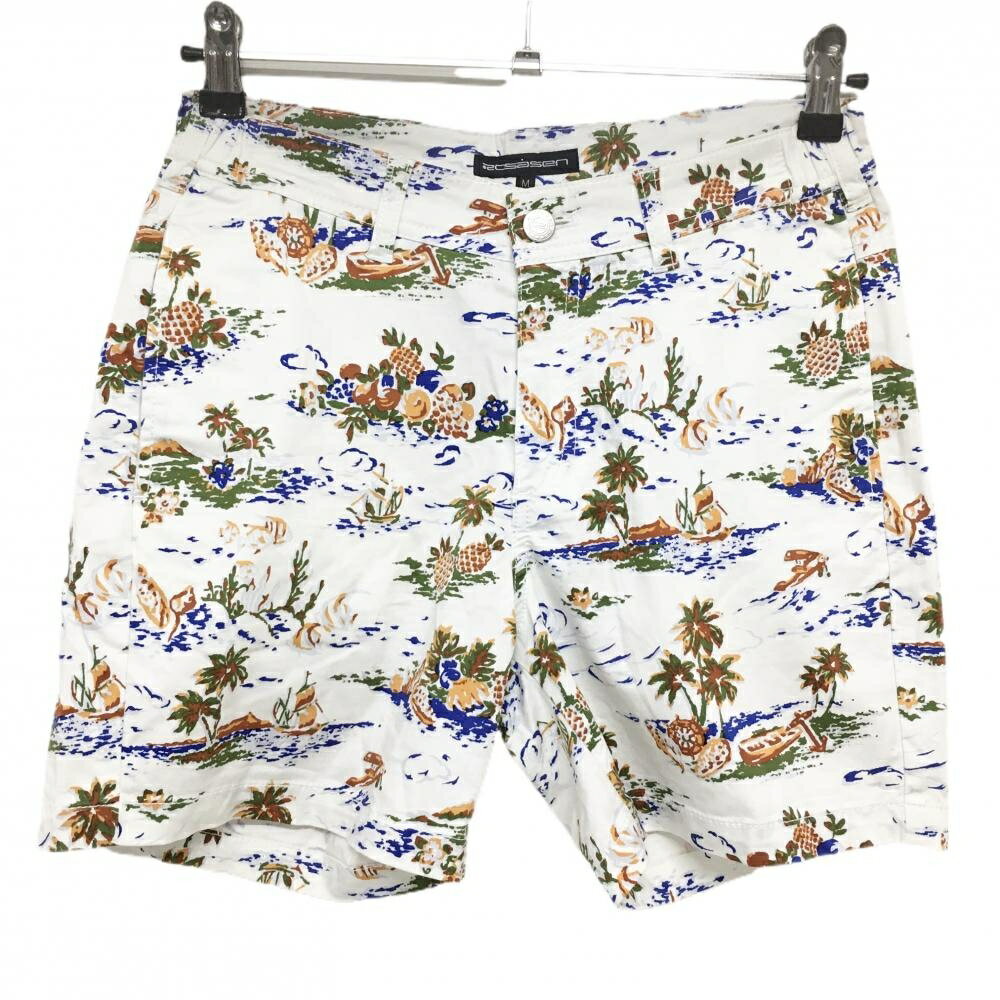 【超美品】ロサーセン ショートパンツ 白×ブルー×ブラウン 総柄 ヤシの木柄 パイナップル柄 レディース M ゴルフウェア Rosasen