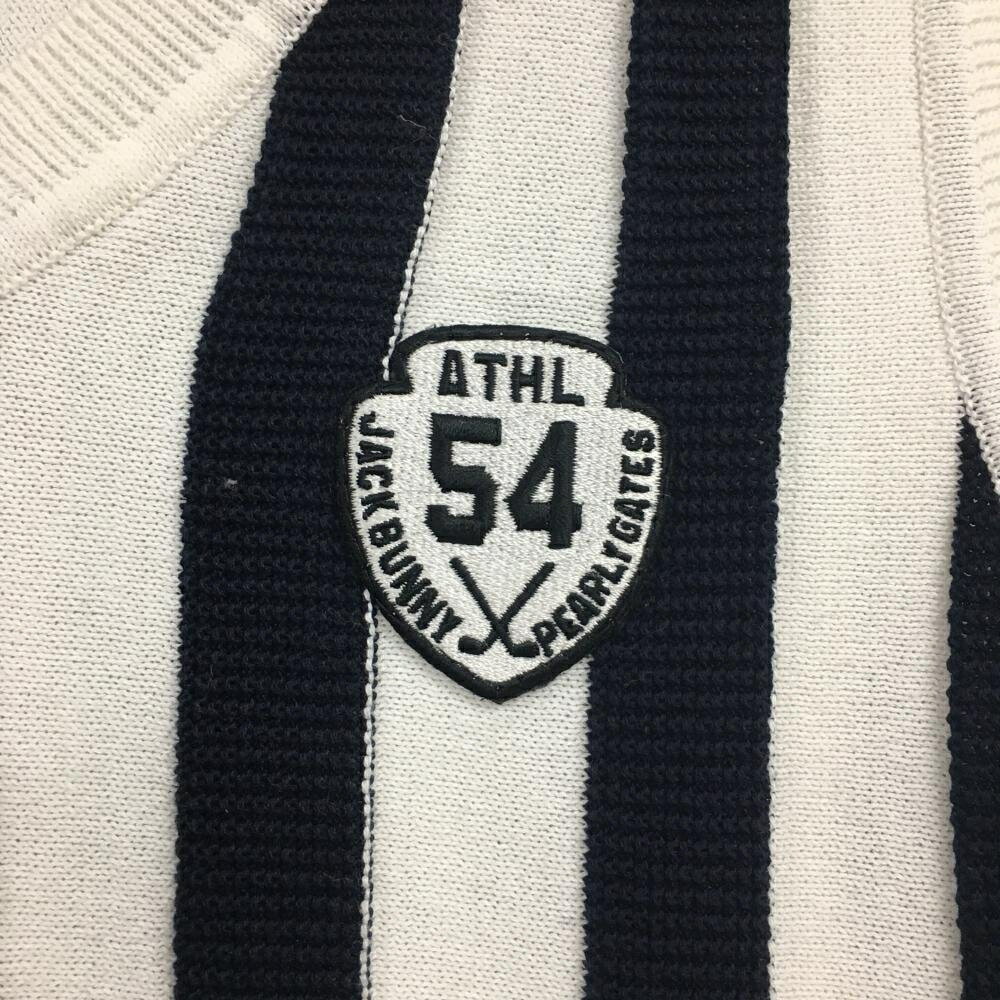 【美品】ジャックバニー ニットベスト 白×ネイビー ストライプ編み Vネック コットン混 レディース 1(M) ゴルフウェア Jack Bunny