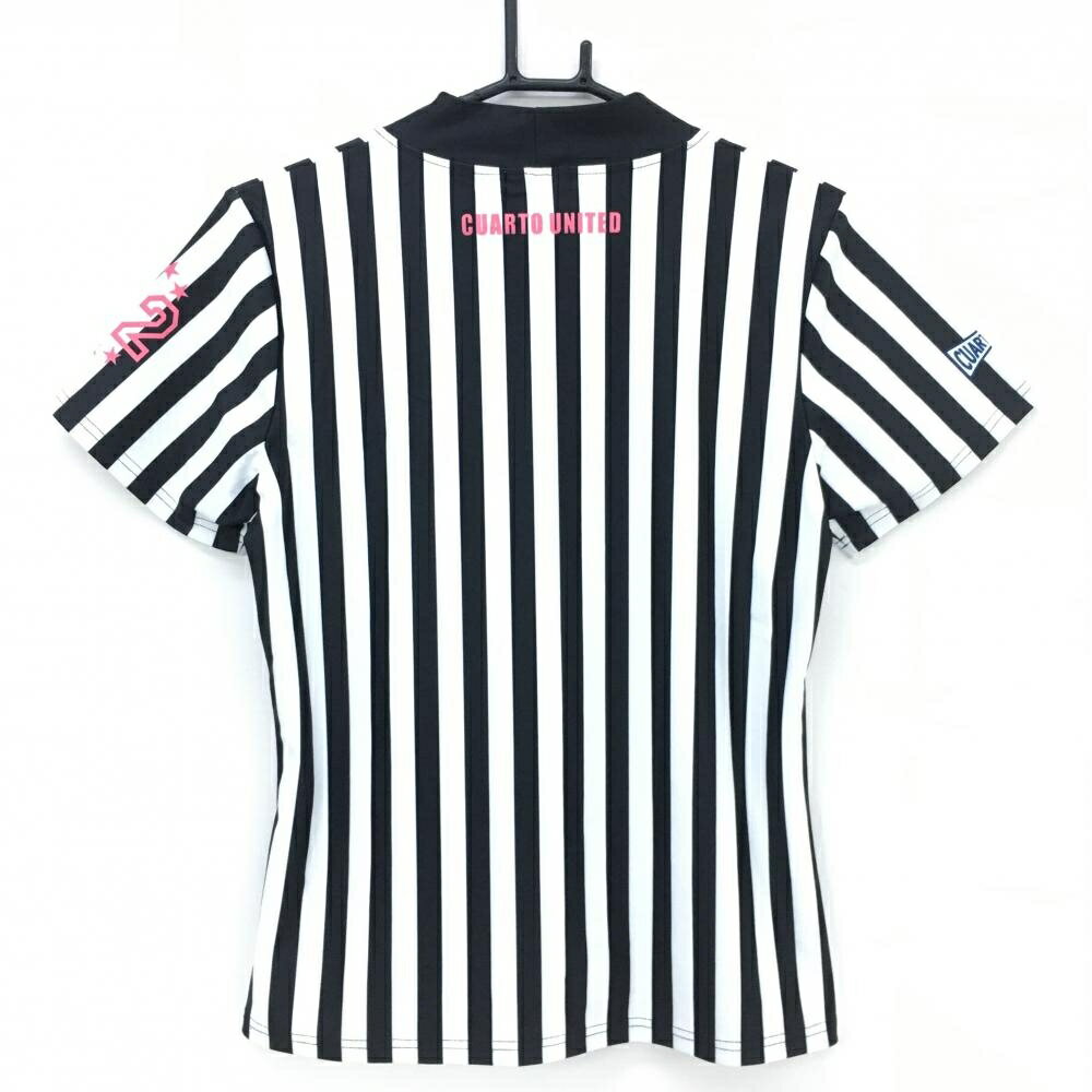 【超美品】クアルトユナイテッド 半袖ハイネックシャツ 黒×白 ストライプ ロゴプリ...