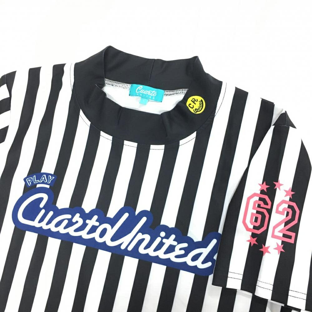 【超美品】クアルトユナイテッド 半袖ハイネックシャツ 黒×白 ストライプ ロゴプリ...