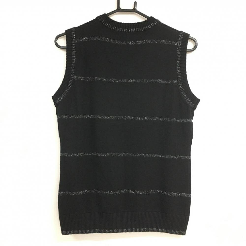 【超美品】MUスポーツ ニットベスト 黒 ラメ糸 ロゴ刺しゅう Vネック ウール混 レディース 40(M) ゴルフウェア M・U SPORTS