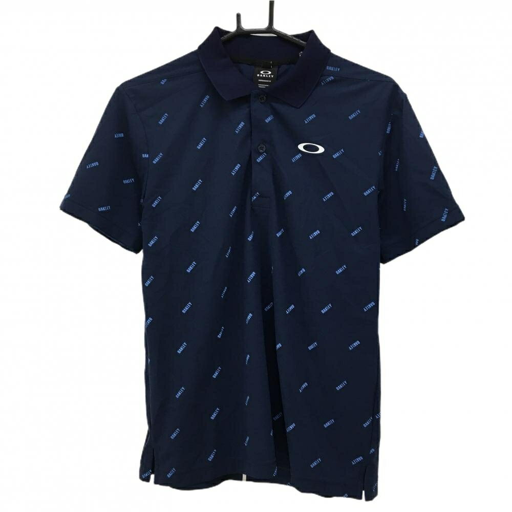OAKLEY - 【超美品】オークリー 半袖ポロシャツ ネイビー×ブルー ロゴ総柄 胸元プリント メンズ M ゴルフウェア Oakley