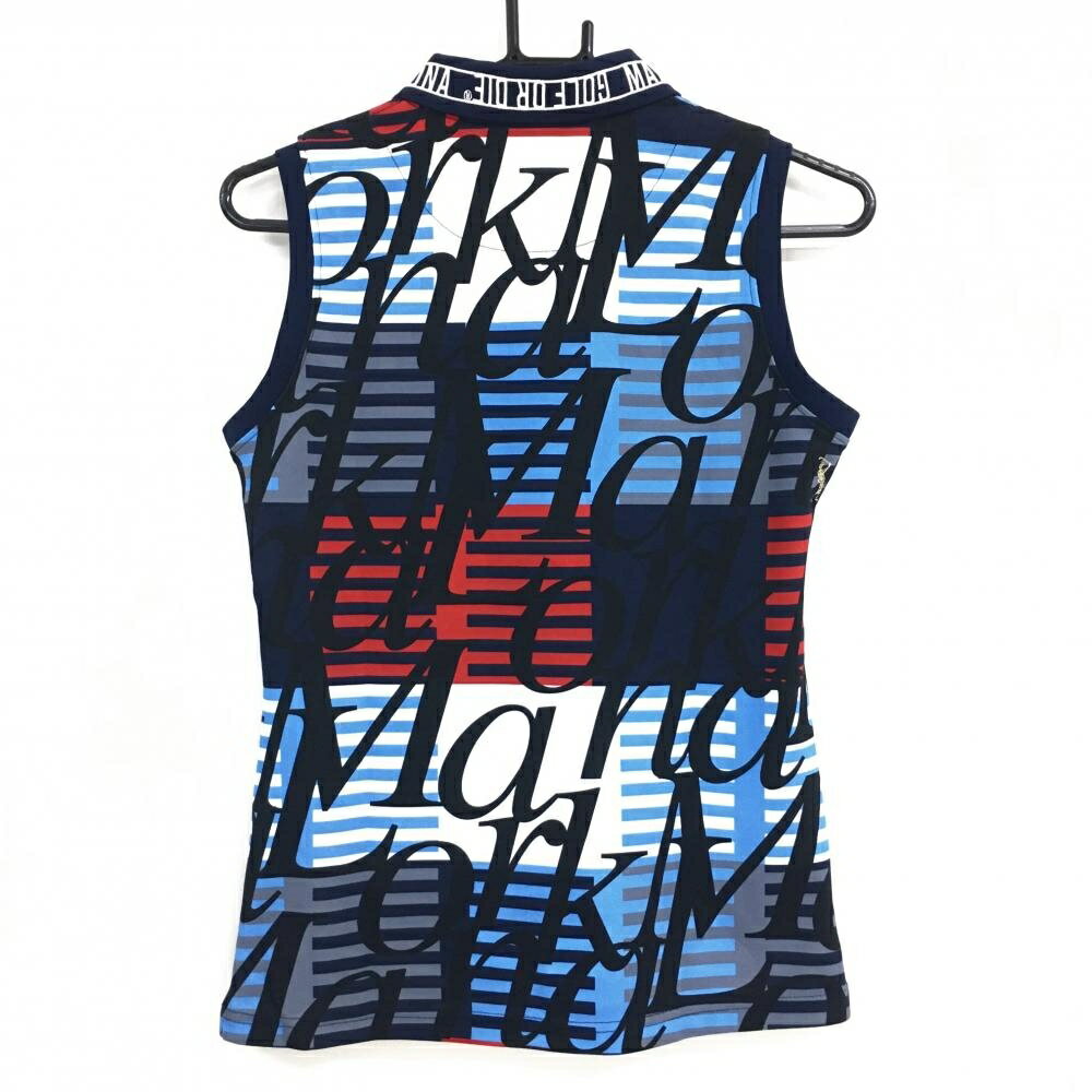【超美品】マークアンドロナ ノースリーブポロシャツ ネイビー×レッド×ライトブルー ボーダー レディース 38(M) ゴルフウェア MARK＆LONA