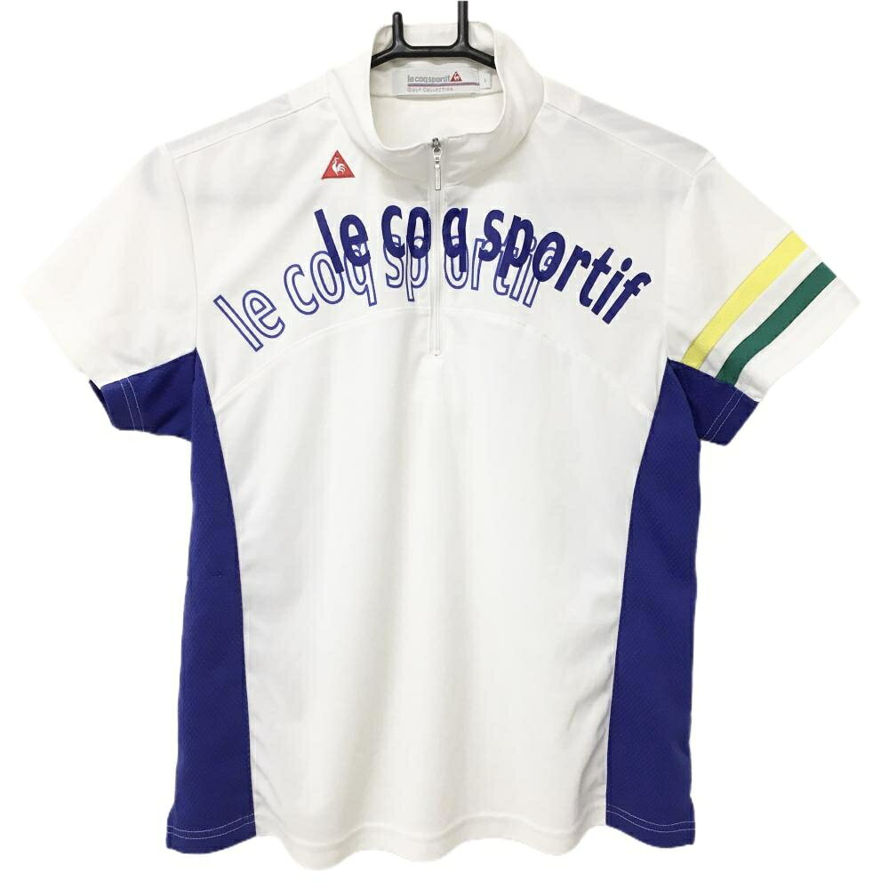 Le Coq - ルコック 半袖ハイネックシャツ 白×ブルーパープル ハーフジップ 花刺しゅう レディース L ゴルフウェア le coq sportif