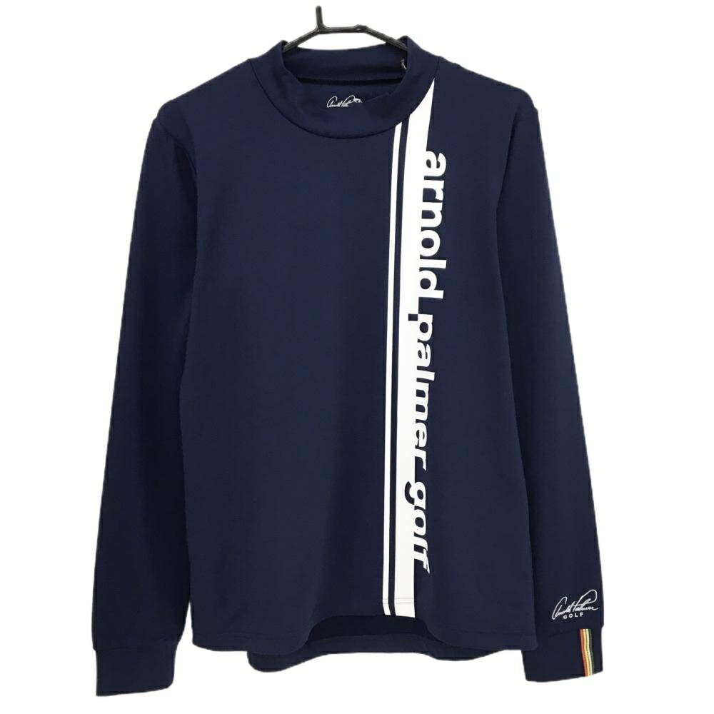 【超美品】アーノルドパーマーゴルフ 長袖ハイネックシャツ ネイビー×白 ビッグロゴプリント レディース O ゴルフウェア Arnold Palmer