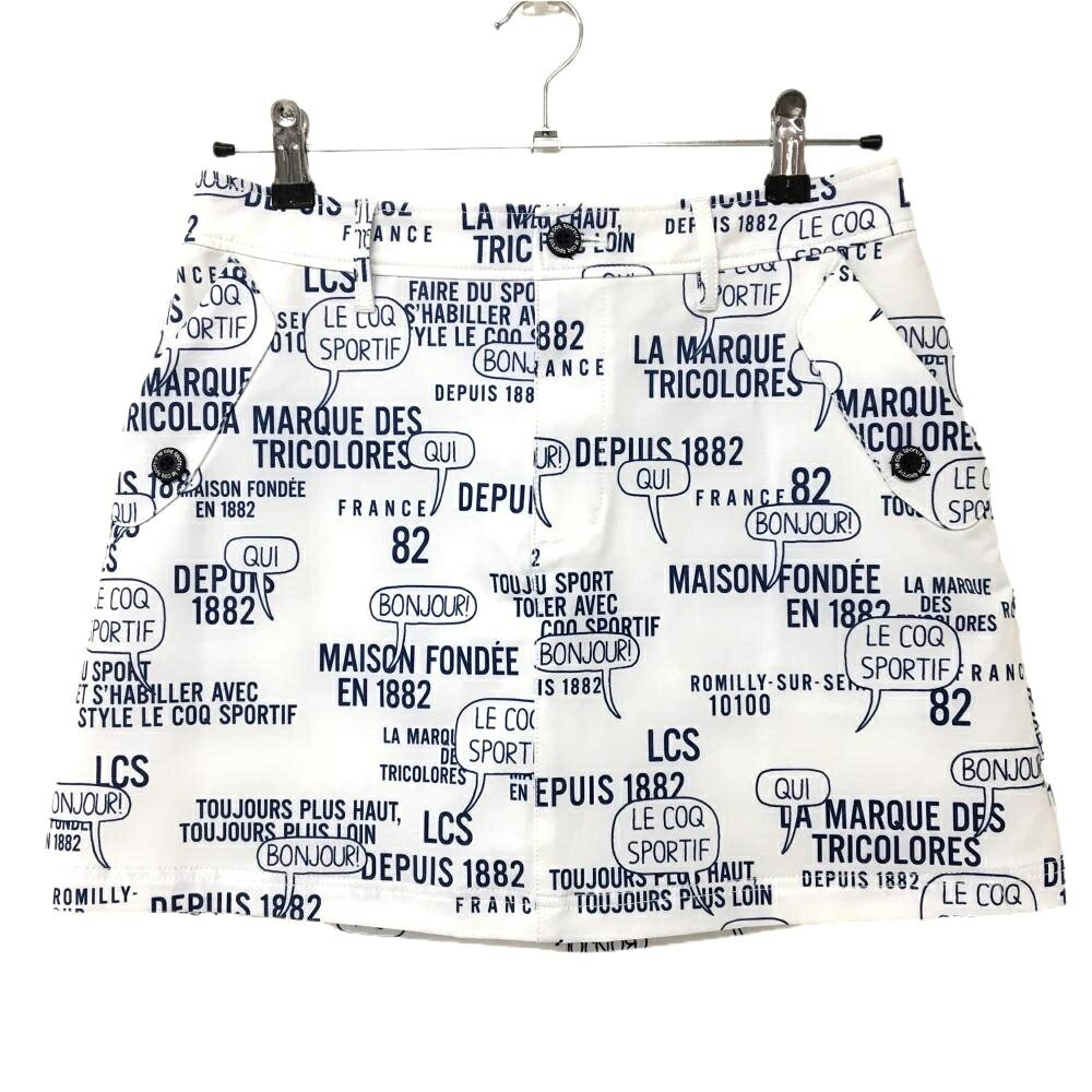 【美品】ルコックゴルフ スカート 白×ネイビー 英字総柄 ストレッチ レディース 11 ゴルフウェア le coq sportif
