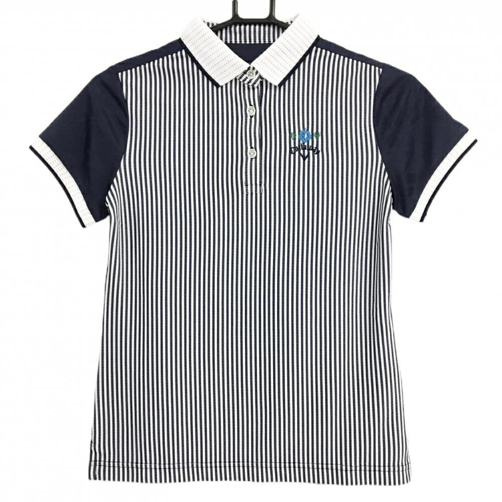【超美品】キャロウェイ 半袖ポロシャツ ネイビー×白 前身頃ストライプ 背面地模様 レディース S ゴル..