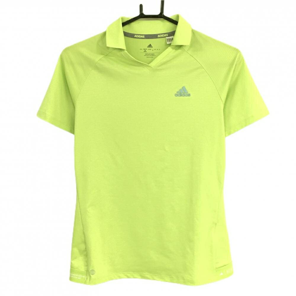 【超美品】アディダス 襟付きTシャツ ライトグリーン 胸元ロゴ Vネック 後裾ゴム レディース M ゴルフウェア adidas