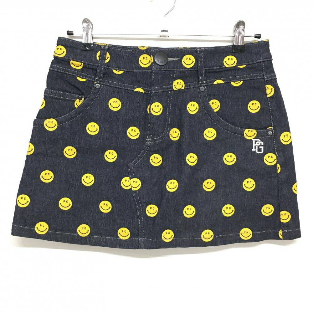 【超美品】パーリーゲイツ スカート ダークネイビー×イエロー ニコちゃん総柄 スマイル レディース 2(L) ゴルフウェア PEARLY GATES