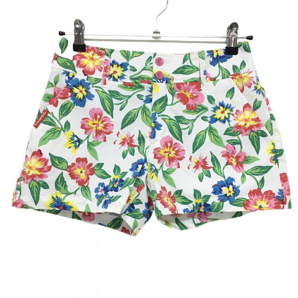 【超美品】ルコック ショートパンツ 白×マルチカラー 花柄 ストレッチ レディース 9 ゴルフウェア le c..