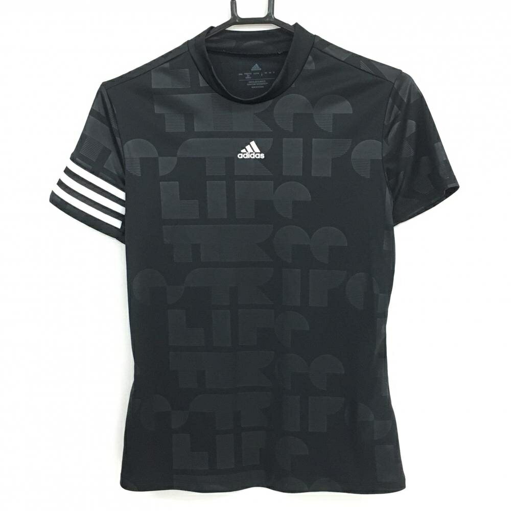 【超美品】アディダス 半袖ハイネックシャツ 黒 地模様総柄 袖3ライン レディース M ゴルフウェア 2023年モデル adidas