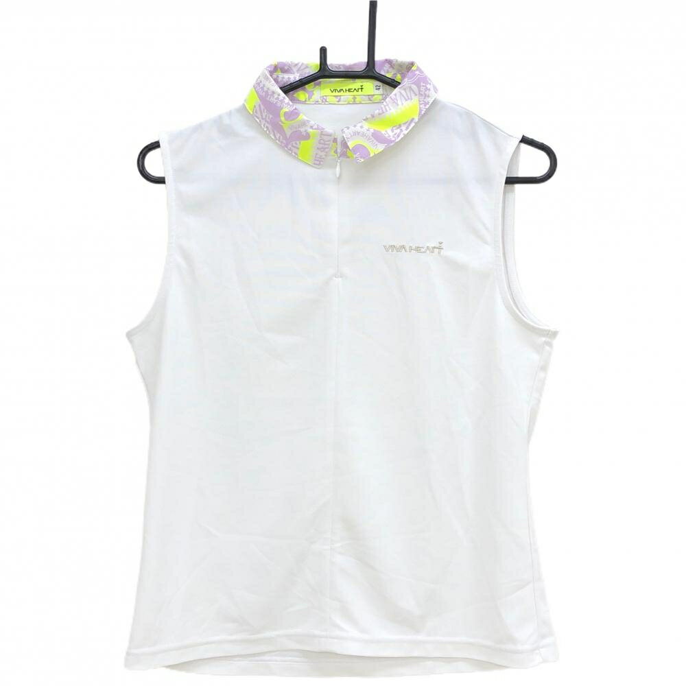 【超美品】ビバハート ノースリーブポロシャツ 白×ライトパープル ハーフジップ 襟総柄 レディース 42(L) ゴルフウェア VIVA HEART