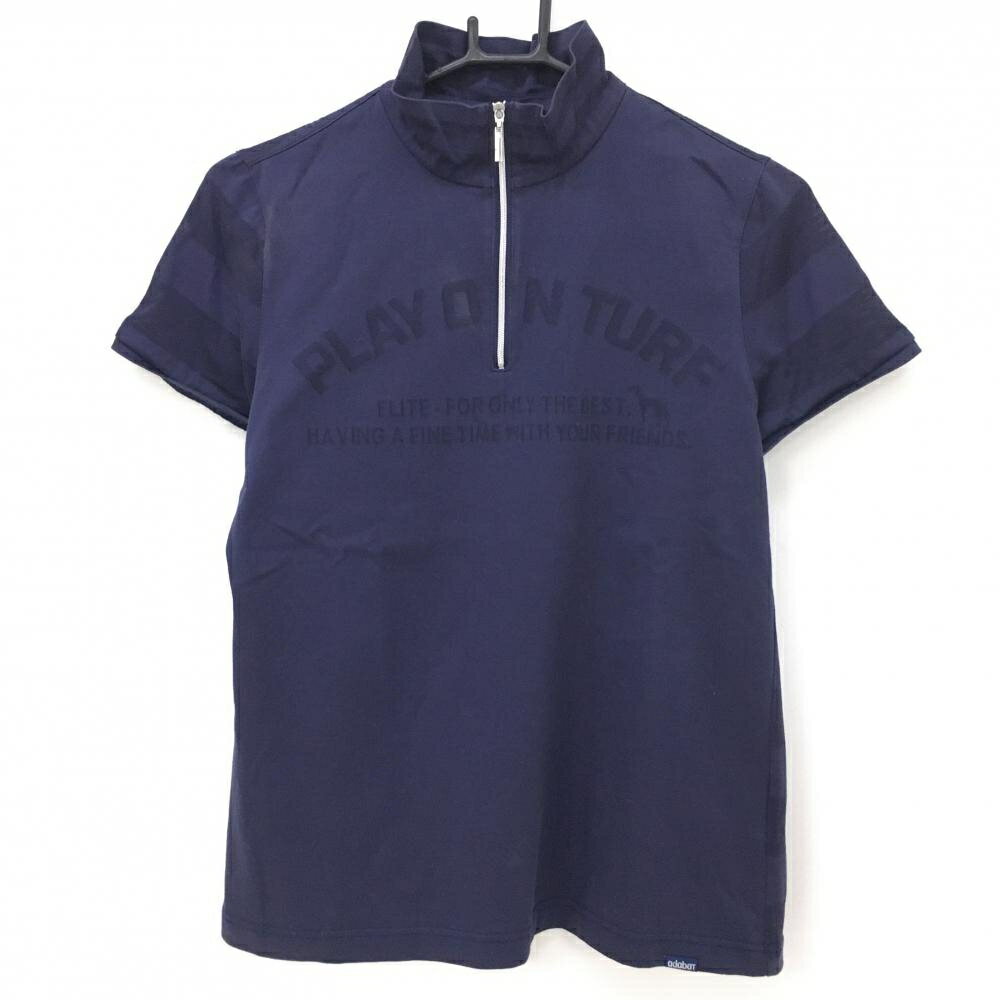 Adabat - アダバット 半袖ハイネックシャツ ネイビー 袖背面ボーダー織生地 ハーフジップ レディース 38(M) ゴルフウェア adabat