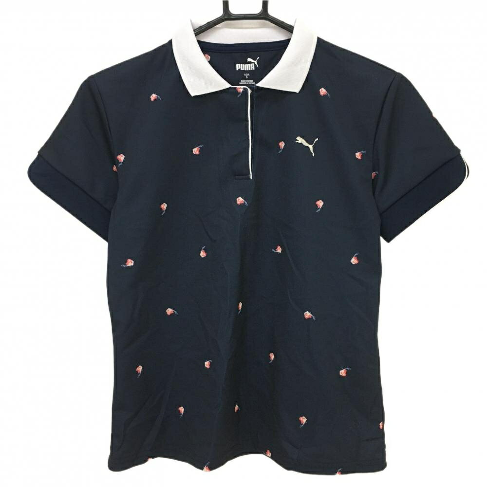 PUMA - 【美品】プーマ 半袖ポロシャツ ネイビー×ピンク 総柄 襟白 レディース S ゴルフウェア PUMA