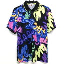 【超美品】ワック 半袖ポロシャツ 黒×ブルー×蛍光イエロー 総柄 ロゴワッペン メンズ 2(M) ゴルフウェア WAAC