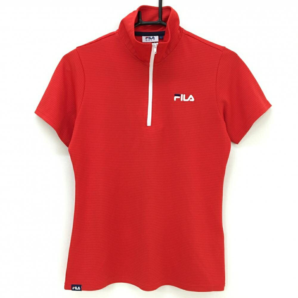 【超美品】フィラゴルフ 半袖ハイネックシャツ レッド ボーダー地模様 ロゴ刺しゅう ハーフジップ レデ..