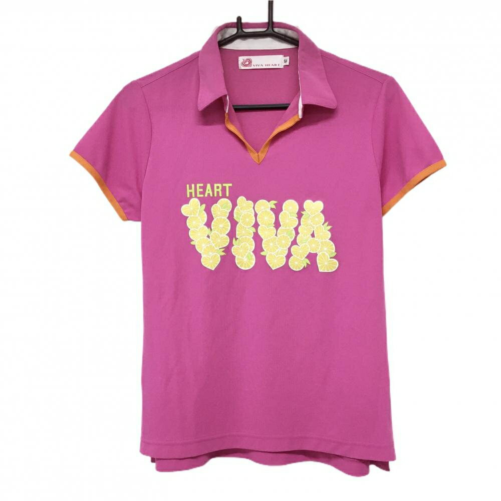 【美品】ビバハート 半袖スキッパーシャツ ピンク×イエロー レモンプリント レディース L ゴルフウェア..