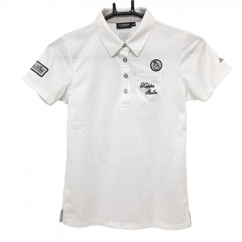 【美品】カッパ 半袖ポロシャツ 白 総柄地模様 ワッペン レディース S ゴルフウェア Kappa
