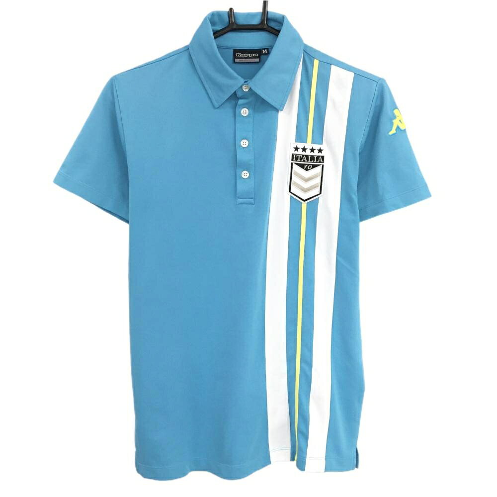 Kappa - 【超美品】カッパ 半袖ポロシャツ ライトブルー×白 イエローライン 胸元ワッペン レディース M ゴルフウェア Kappa