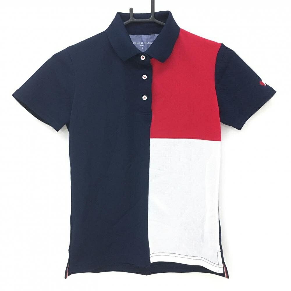 【超美品】トミーヒルフィガーゴルフ 半袖ポロシャツ ネイビー×レッド トリコロール レディース S ゴルフウェア Tommy Hilfiger Golf