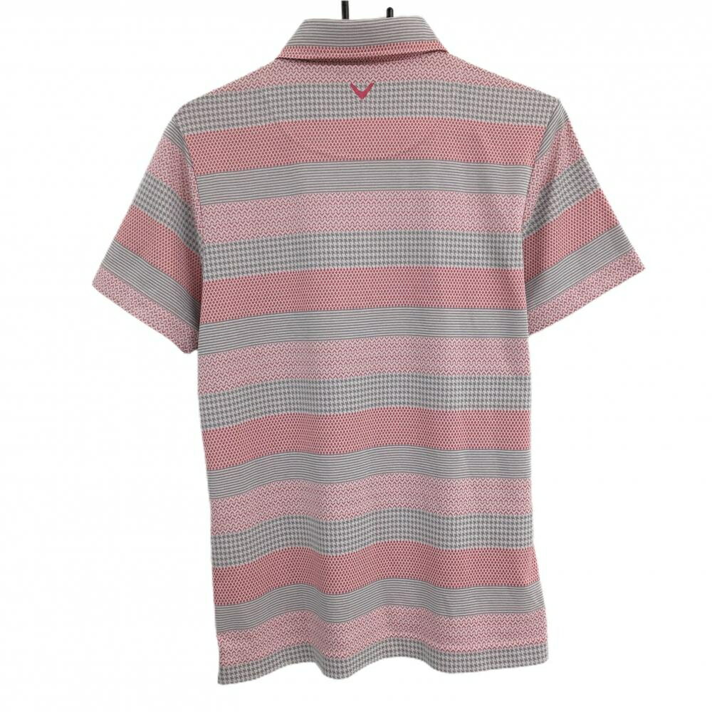 【美品】キャロウェイ 半袖ポロシャツ 白×ピンク×グレー 総柄 ボーダー 胸ロゴ刺しゅう メンズ L ゴルフウェア Callaway