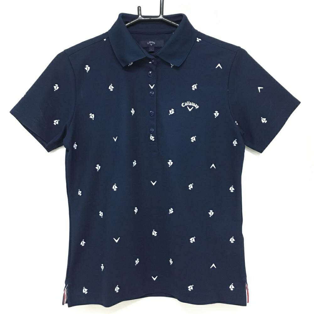 キャロウェイ 半袖ポロシャツ ネイビー×白 総柄 ヨット レディース L ゴルフウェア Callaway