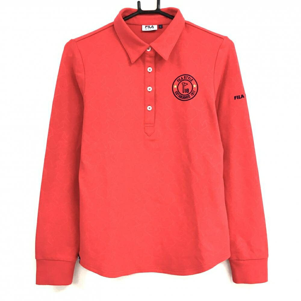 フィラゴルフ 長袖ポロシャツ レッド 星柄地模様 ロゴネイビー 微起毛 レディース L ゴルフウェア FILA..