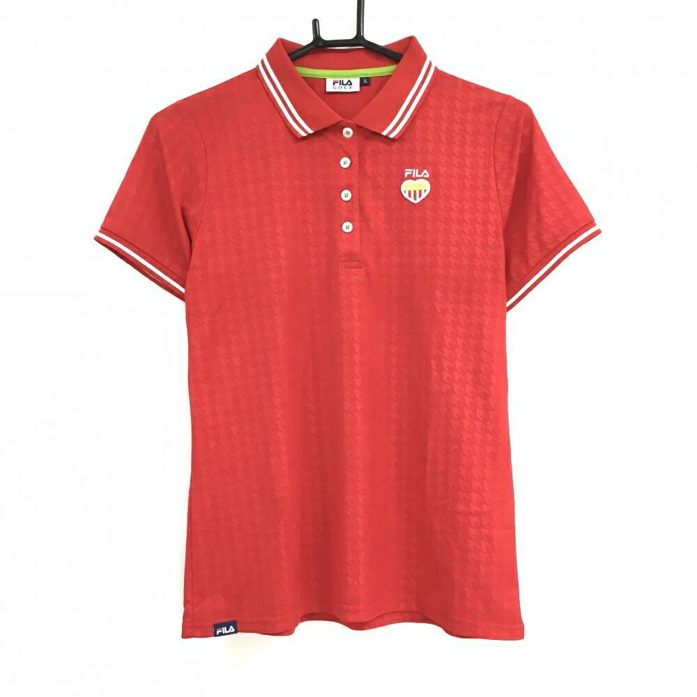【超美品】フィラゴルフ 半袖ポロシャツ レッド 千鳥柄地模様 襟・袖口ライン レディース L ゴルフウェ..
