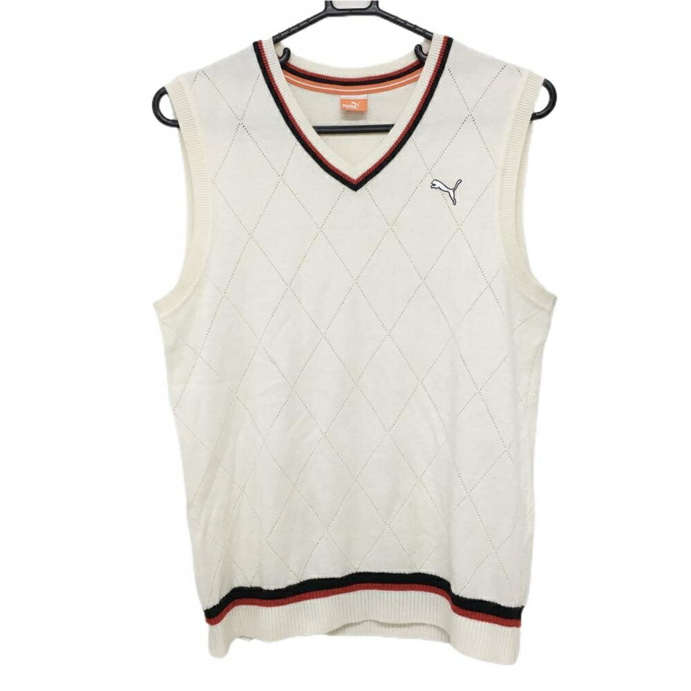 プーマ ニットベスト アイボリー×レッド ダイヤ柄編み ウール混 Vネック メンズ O ゴルフウェア PUMA