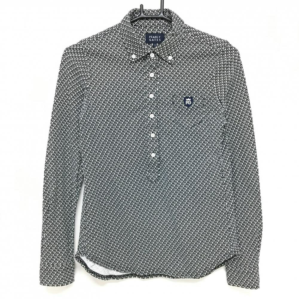 【超美品】パーリーゲイツ 長袖ポロシャツ 白×ネイビー ロゴ総柄 ボタンダウン レディース 1(M) ゴルフウェア PEARLY GATES