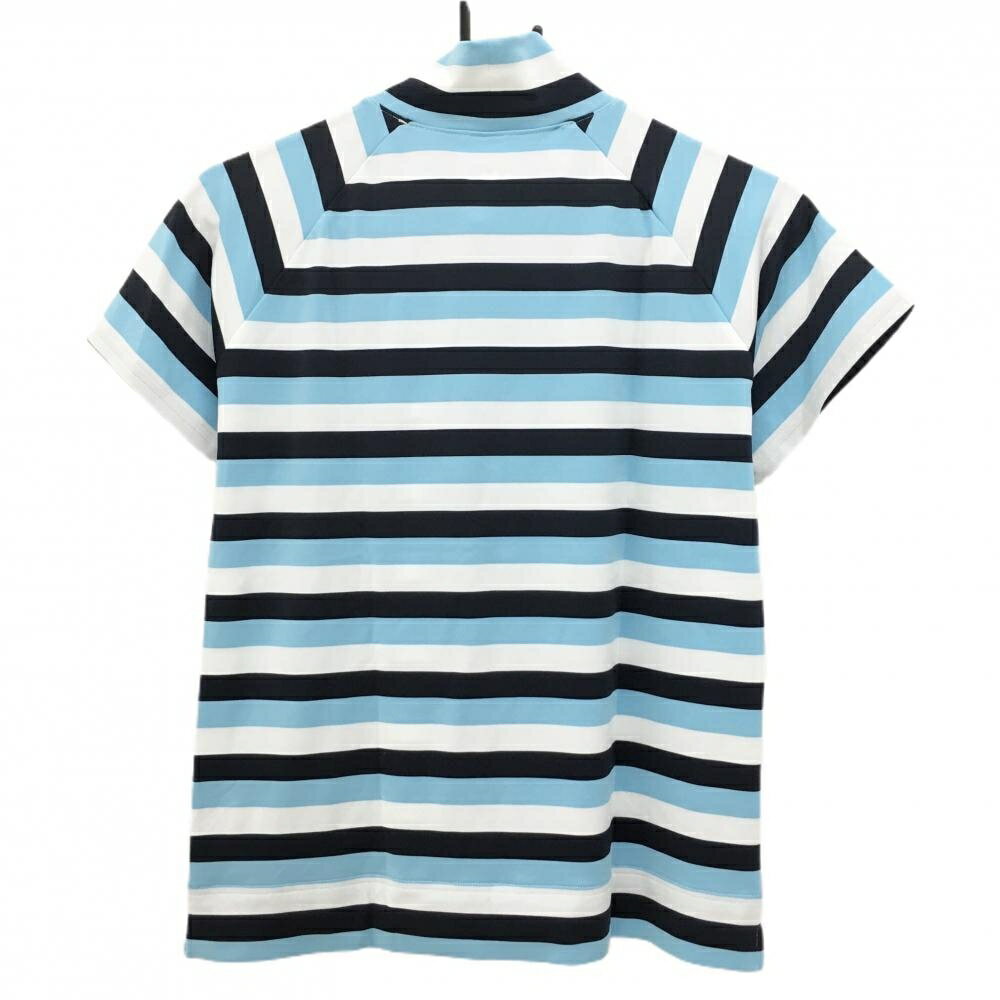 【超美品】アンダーアーマー 半袖ハイネックシャツ ライトブルー×ネイビー ボーダー レディース LG ゴルフウェア UNDER ARMOUR