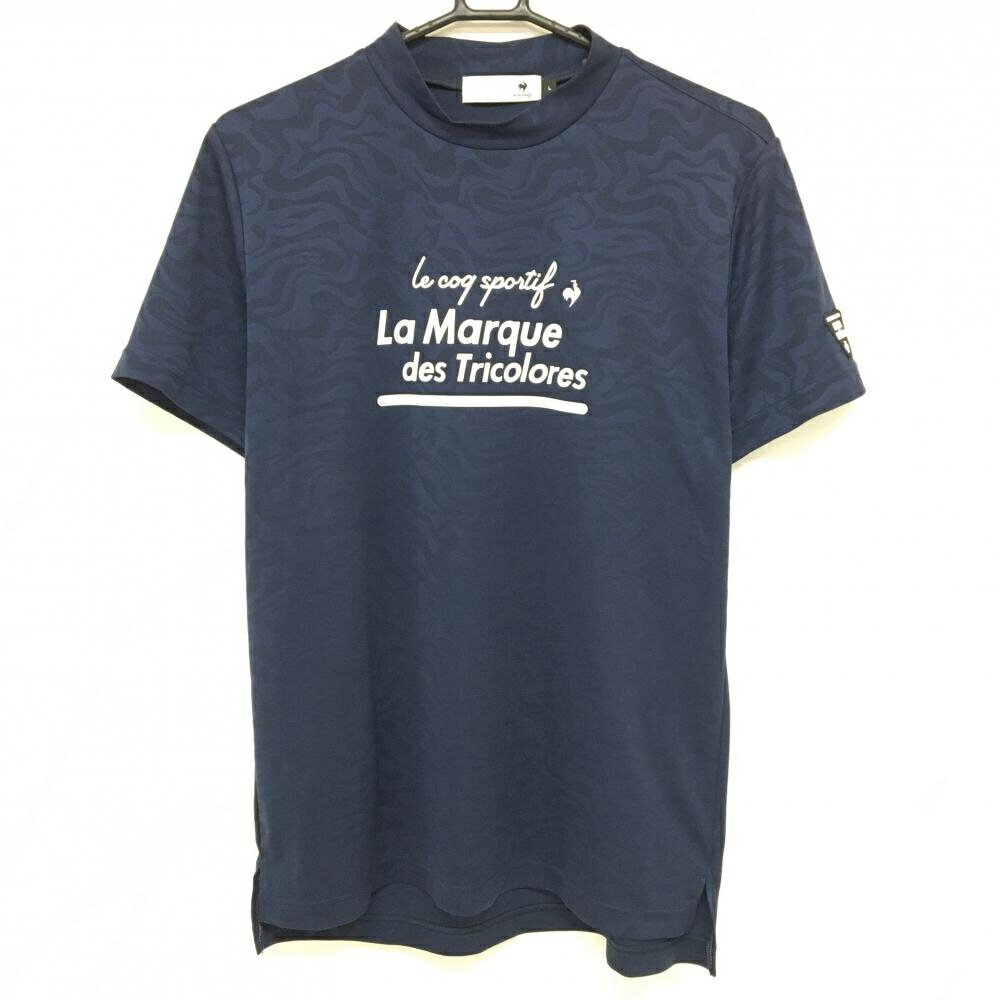 Le Coq - 【超美品】ルコック 半袖ハイネックシャツ ネイビー×白 総柄地模様 ロゴプリント メンズ L ゴルフウェア 2023年モデル le coq sportif
