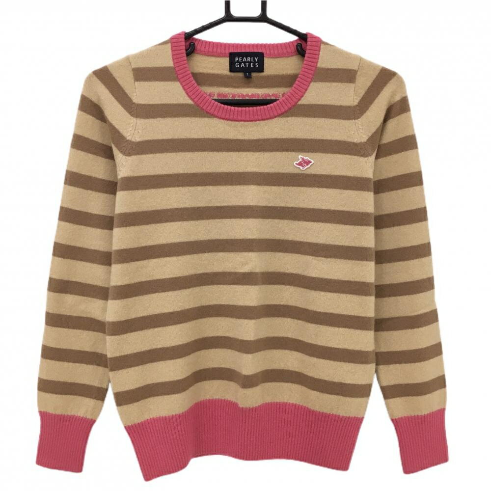 【美品】パーリーゲイツ セーター ライトブラウン×ブラウン ボーダー カシミヤ100％ ニット レディース 1(M) ゴルフウェア PEARLY GATES