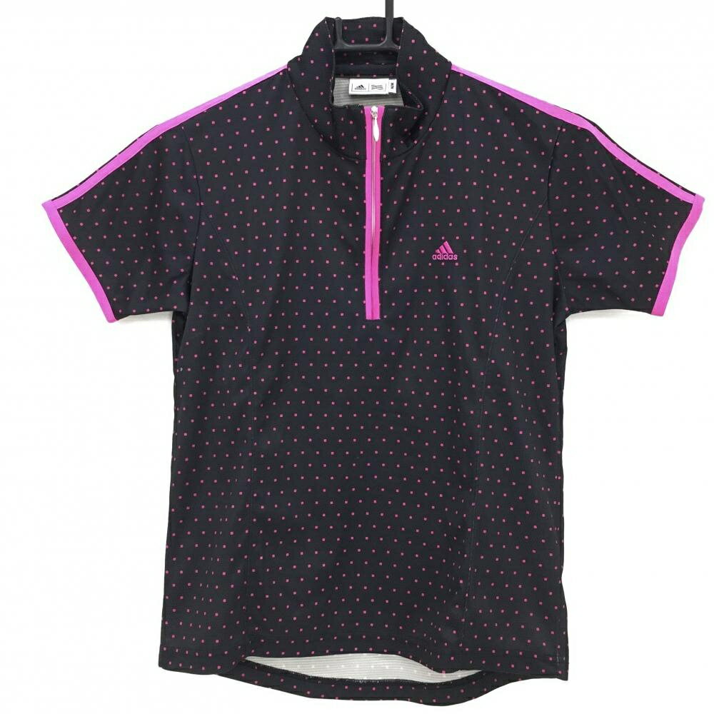 【美品】アディダス 半袖ハイネックシャツ 黒×ピンク ドット ハーフジップ レディース M/M ゴルフウェア adidas